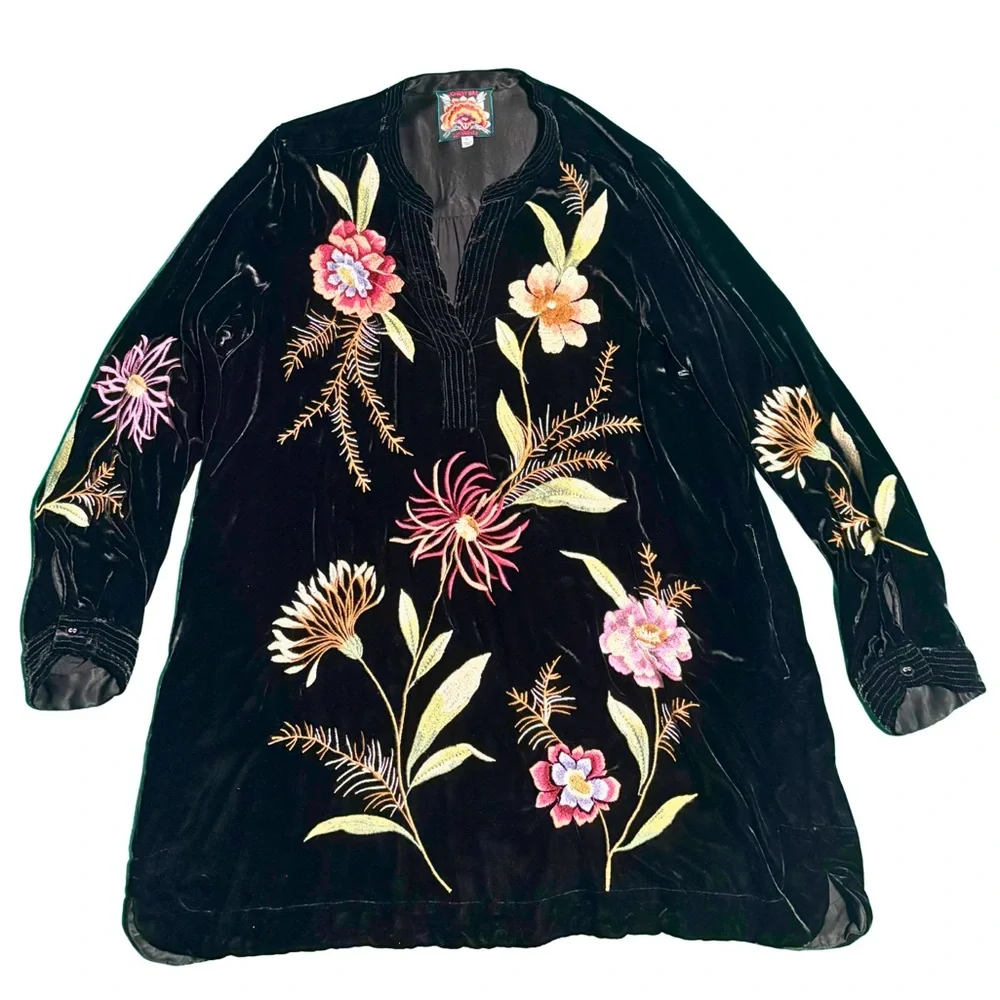 Johnny Was Embroidered Black Velvet (Rayon/Silk) Tunic XL - Picture 2 of 7